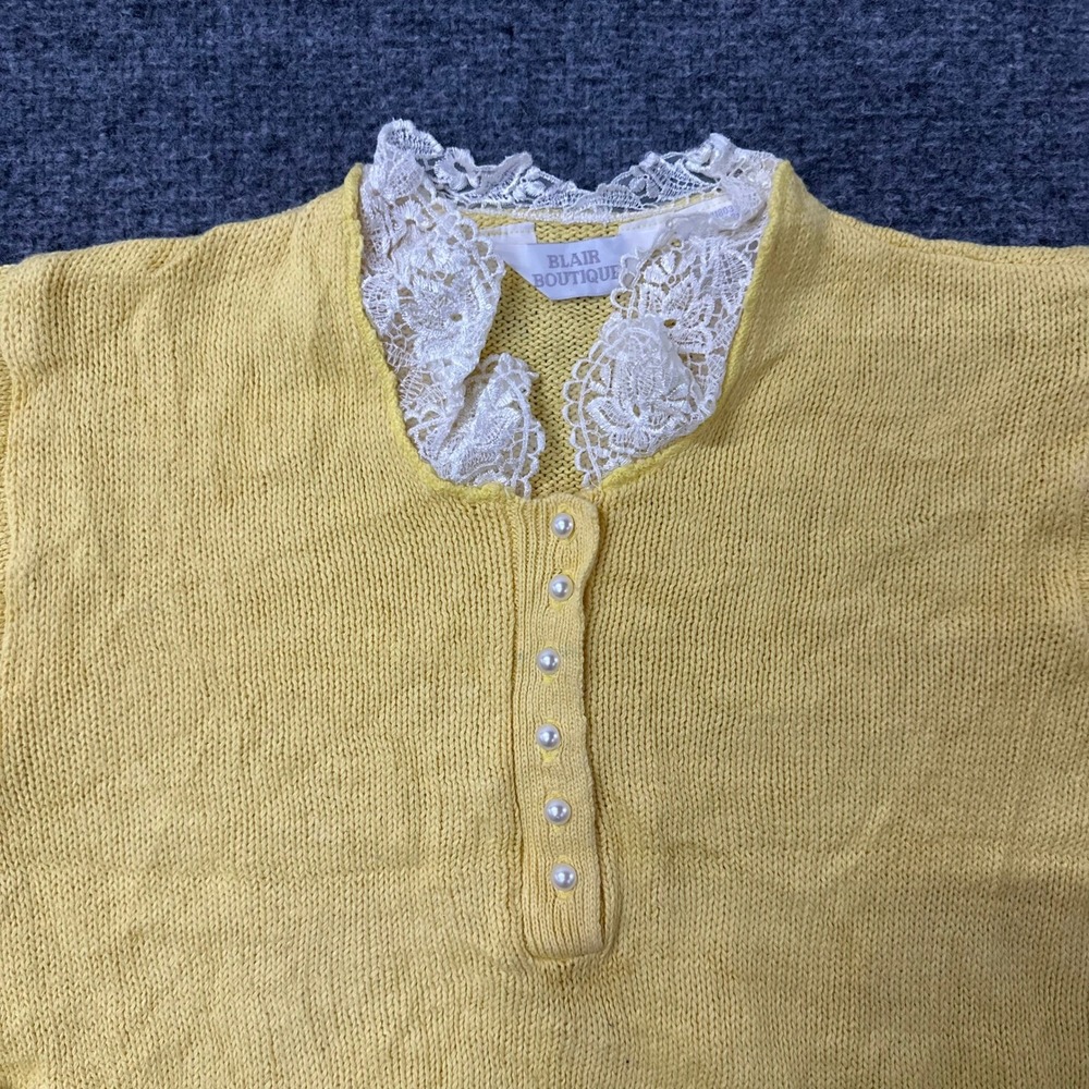Blair Boutique Sweater Womens Size S Yellow Lace Collar Pearl Button Knit Top